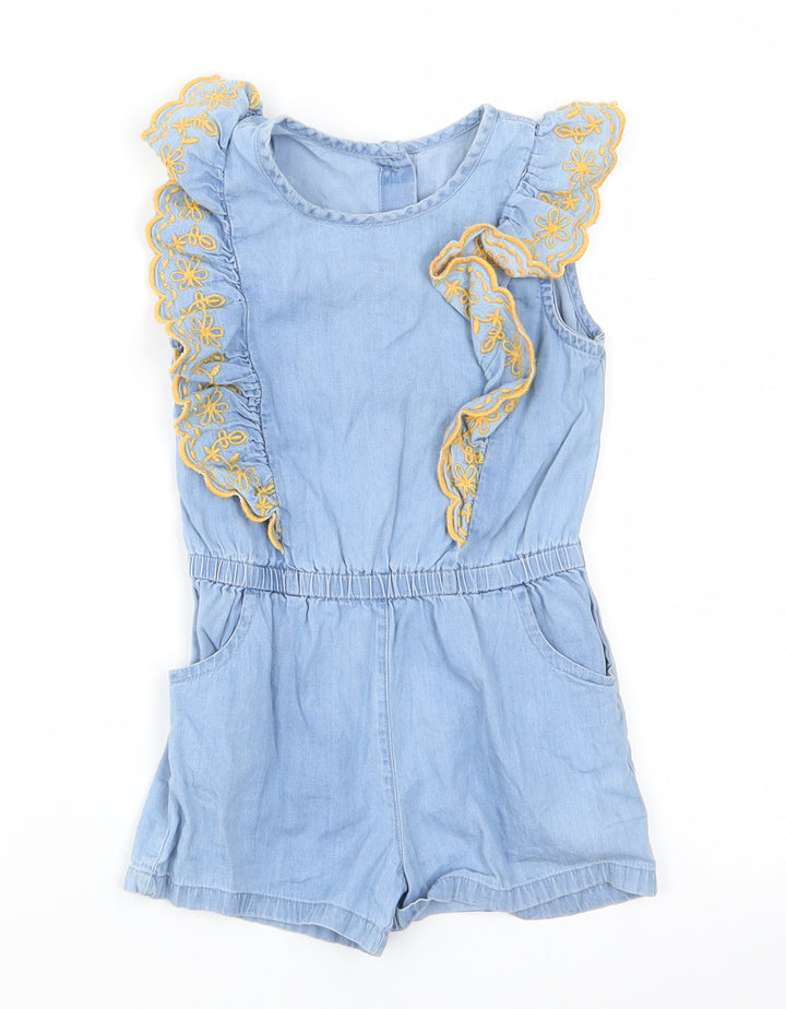 Matalan Girls Blue Floral Cotton Shorts One-Piece Size 2-3 Years   - Ruffle with yellow embroidery