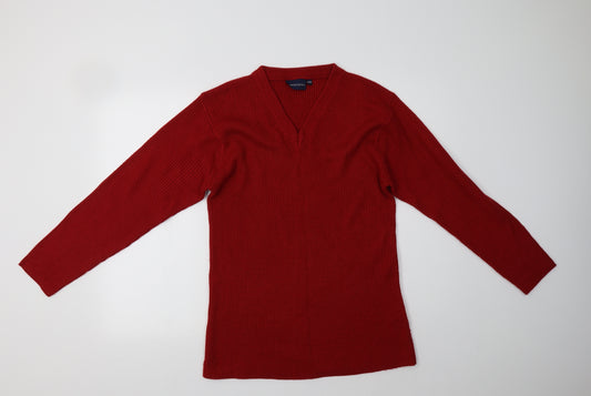 Front view of Fashion Extra men’s red v-neck acrylic jumper
