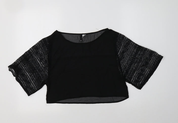 H&M Womens Black Polyester Cropped Blouse Size 8 Round Neck