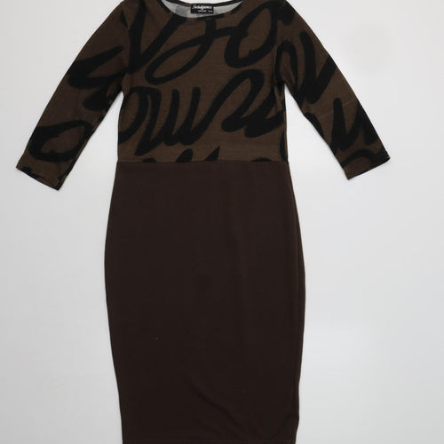 Indulgence Womens Brown Geometric Polyester Bodycon  Size S  Crew Neck