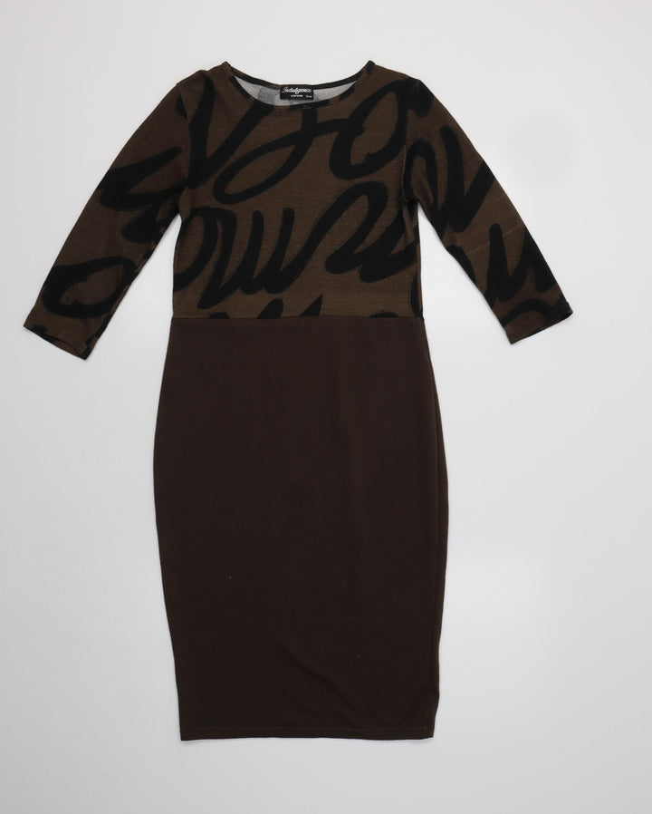 Indulgence Womens Brown Geometric Polyester Bodycon Size S Crew Neck