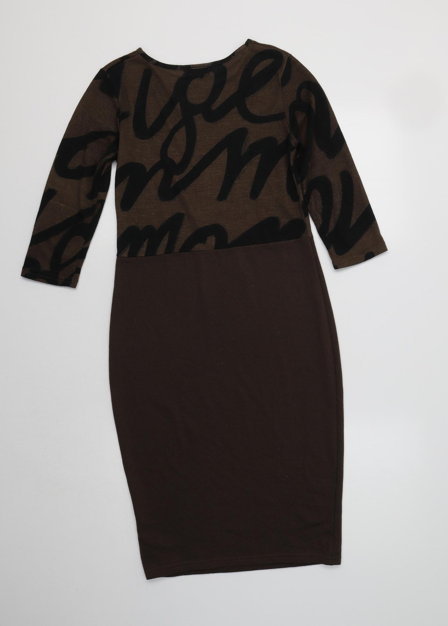 Indulgence Womens Brown Geometric Polyester Bodycon  Size S  Crew Neck