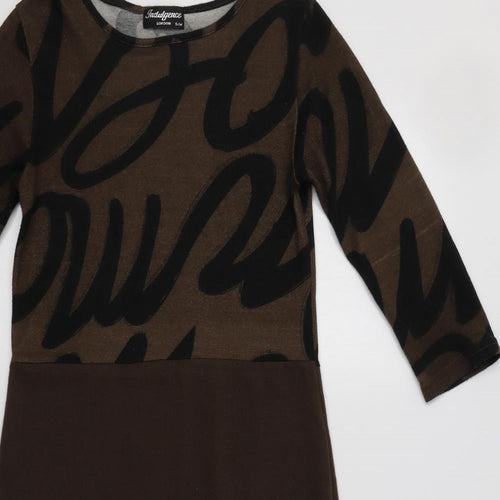 Indulgence Womens Brown Geometric Polyester Bodycon  Size S  Crew Neck