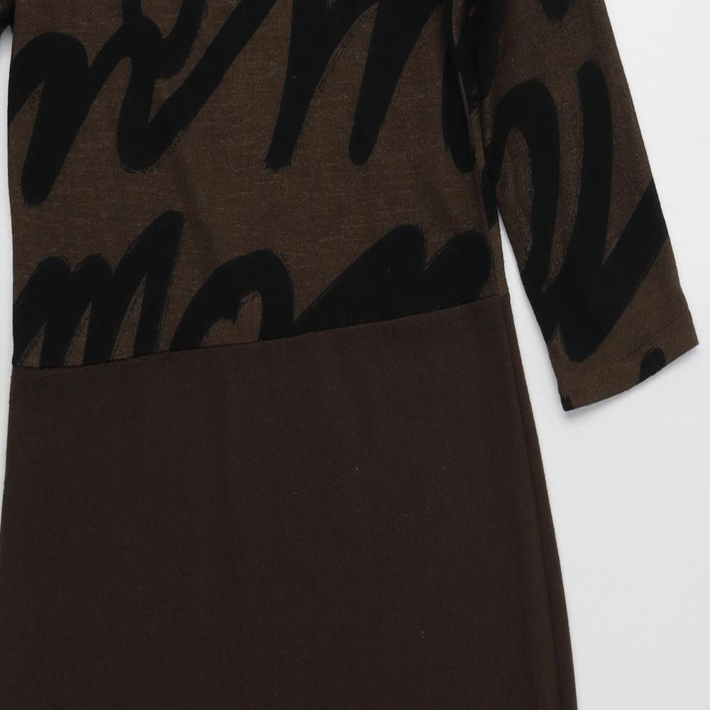 Indulgence Womens Brown Geometric Polyester Bodycon  Size S  Crew Neck