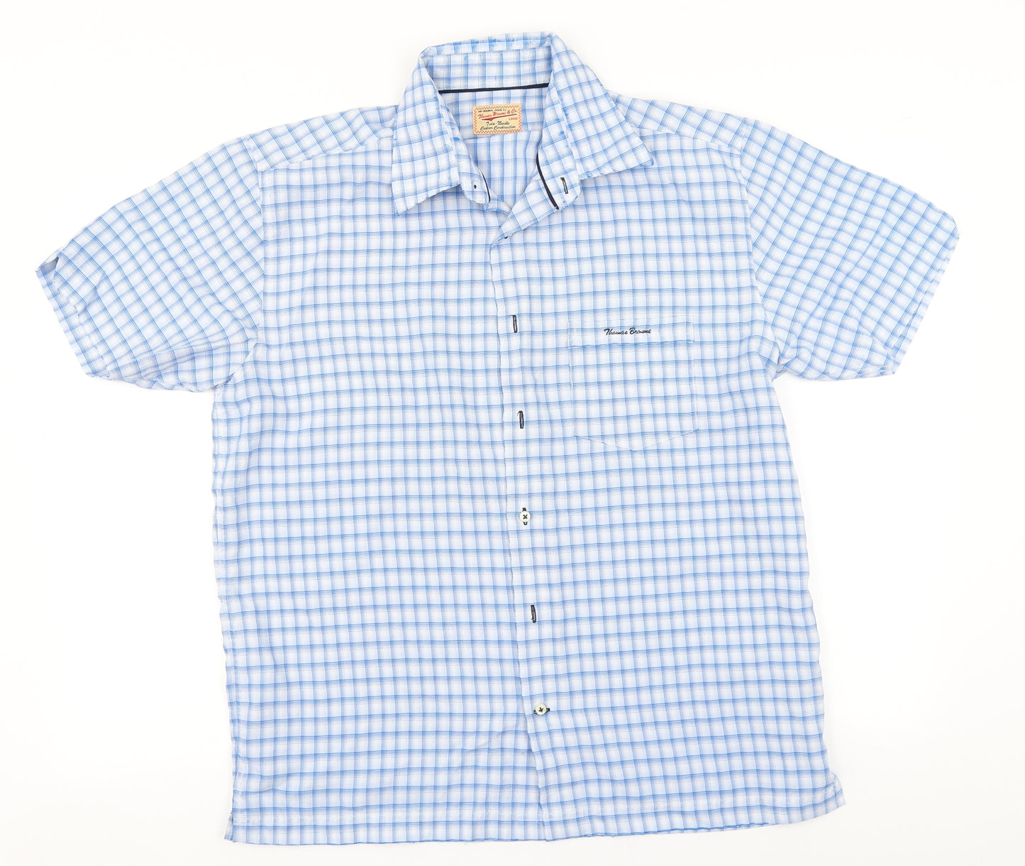Thomas Brown Mens Blue Plaid Modal  Button-Up Size L Collared