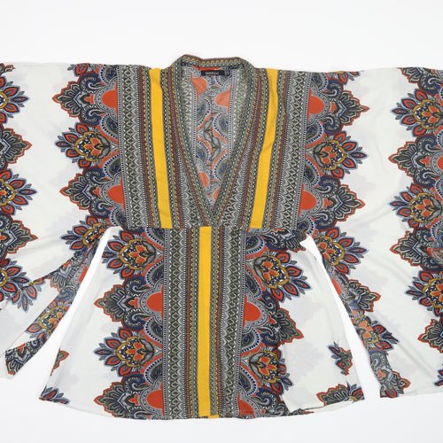 Boohoo Womens Yellow Paisley Polyester Kimono Blouse Size 8 V-Neck