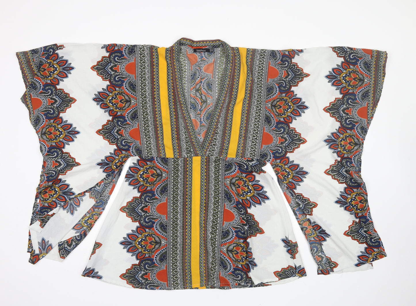 Boohoo Womens Yellow Paisley Polyester Kimono Blouse Size 8 V-Neck