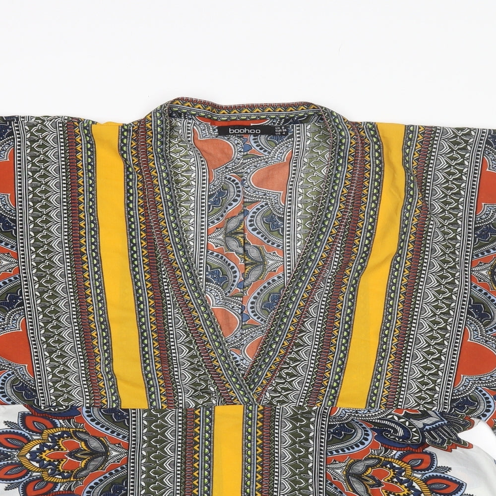 Boohoo Womens Yellow Paisley Polyester Kimono Blouse Size 8 V-Neck