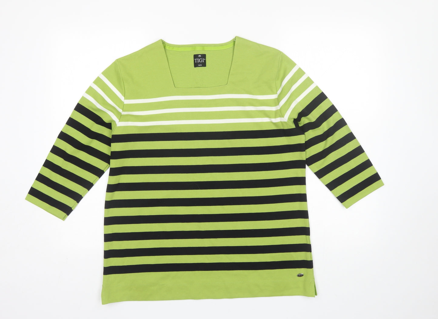 Tigi Womens Green Striped Polyester Basic Blouse Size 18 Square Neck