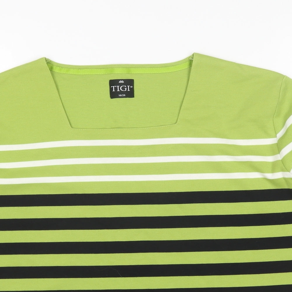 Tigi Womens Green Striped Polyester Basic Blouse Size 18 Square Neck