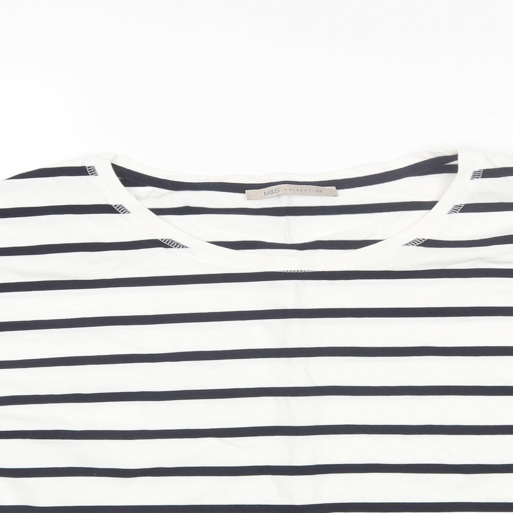 Marks and Spencer Womens White Striped Cotton Basic T-Shirt Size 20 Round Neck