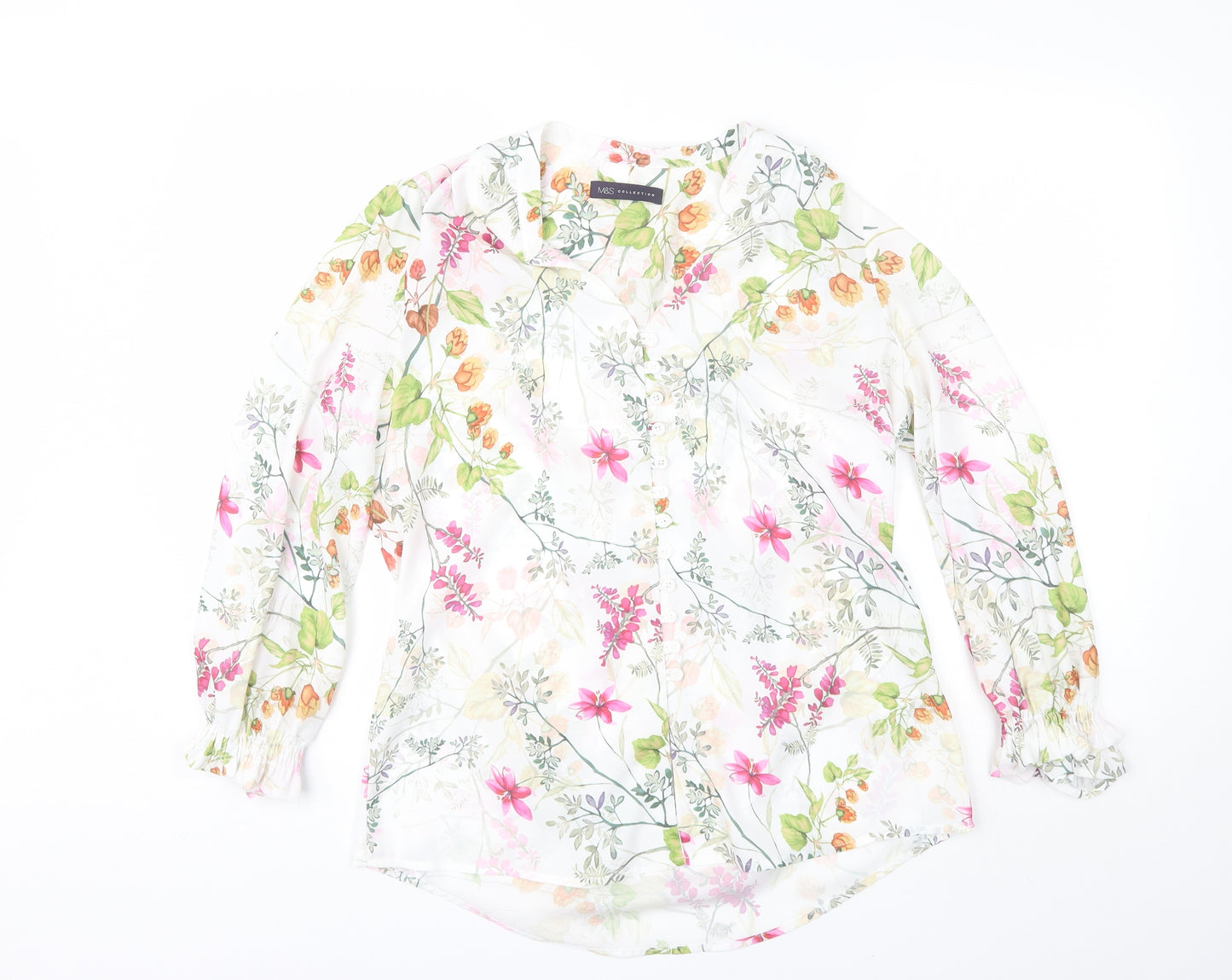 Marks and Spencer Womens White Floral Polyester Basic Blouse Size 12 V-Neck