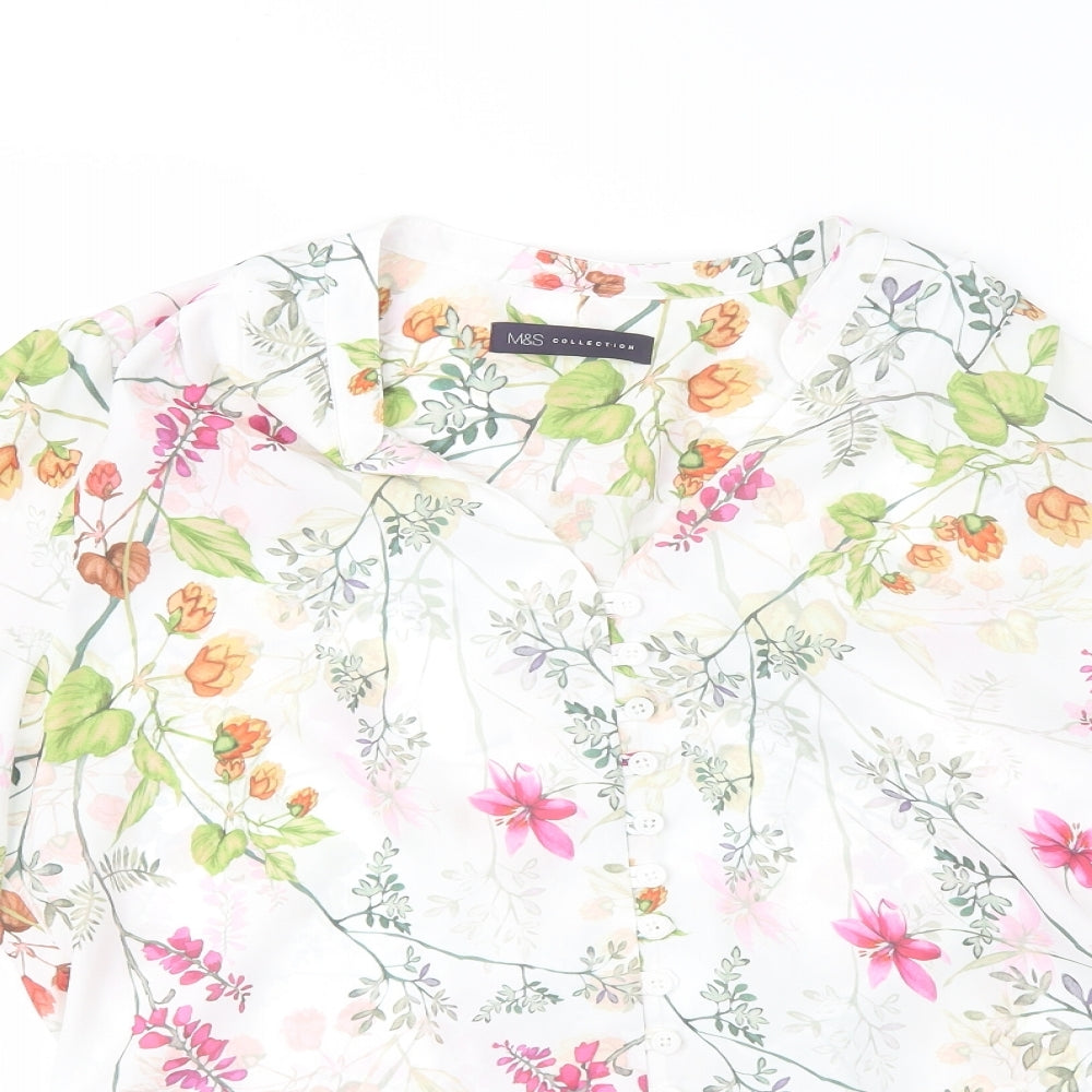 Marks and Spencer Womens White Floral Polyester Basic Blouse Size 12 V-Neck