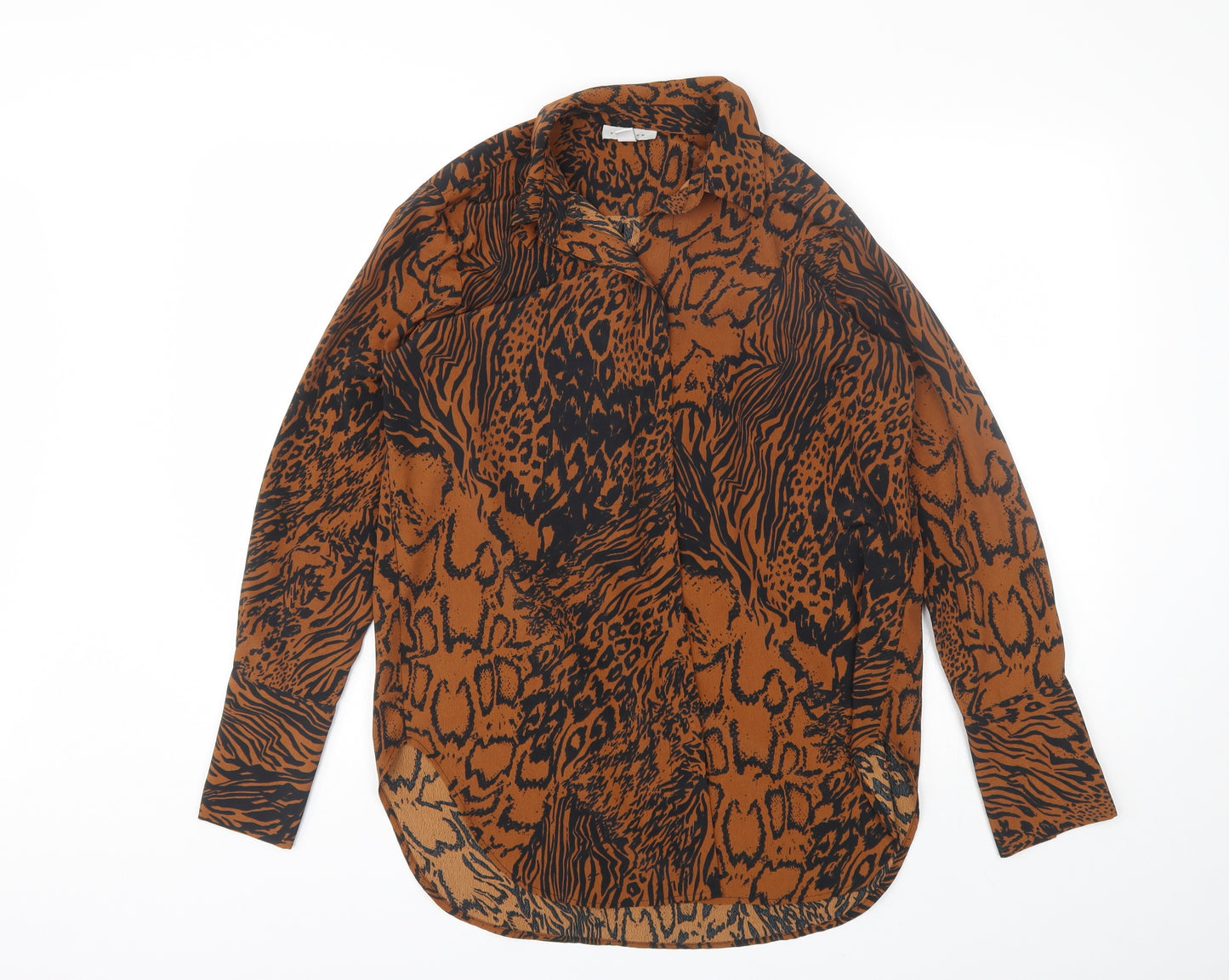 Topshop Womens Orange Animal Print Polyester Basic Button-Up Size 10 Collared