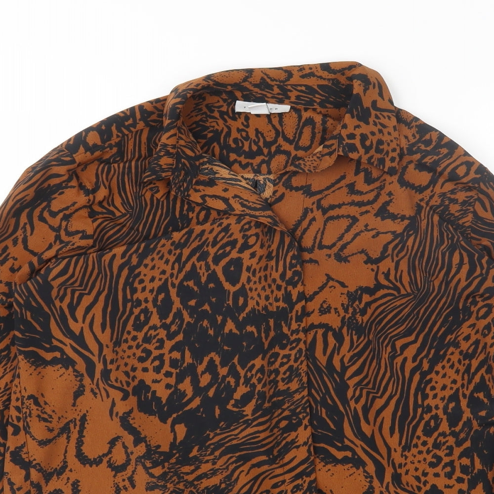 Topshop Womens Orange Animal Print Polyester Basic Button-Up Size 10 Collared