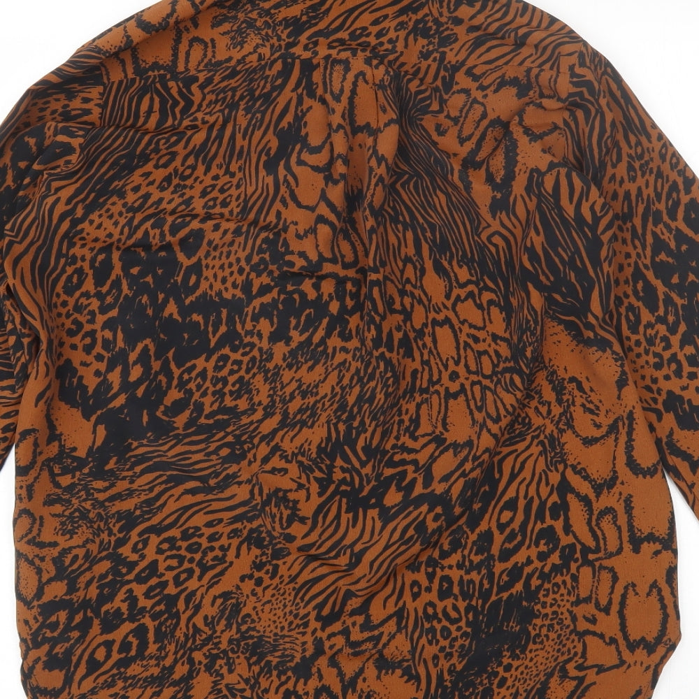 Topshop Womens Orange Animal Print Polyester Basic Button-Up Size 10 Collared