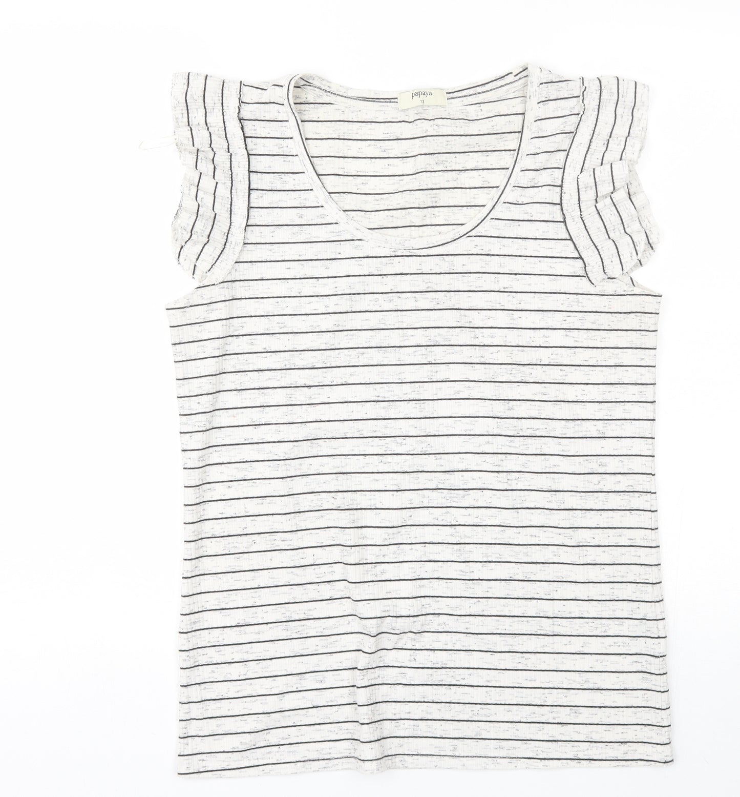 Papaya Womens White Striped Polyester Basic T-Shirt Size 12 Round Neck