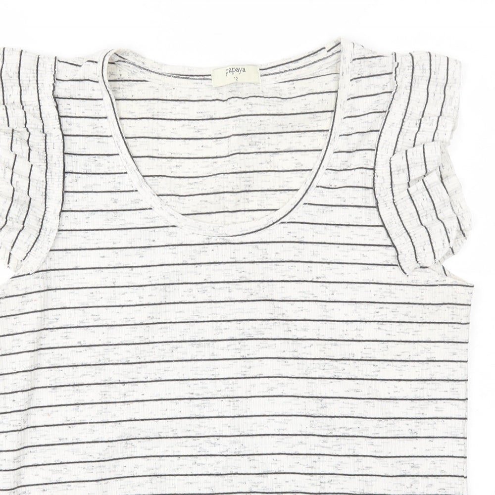 Papaya Womens White Striped Polyester Basic T-Shirt Size 12 Round Neck