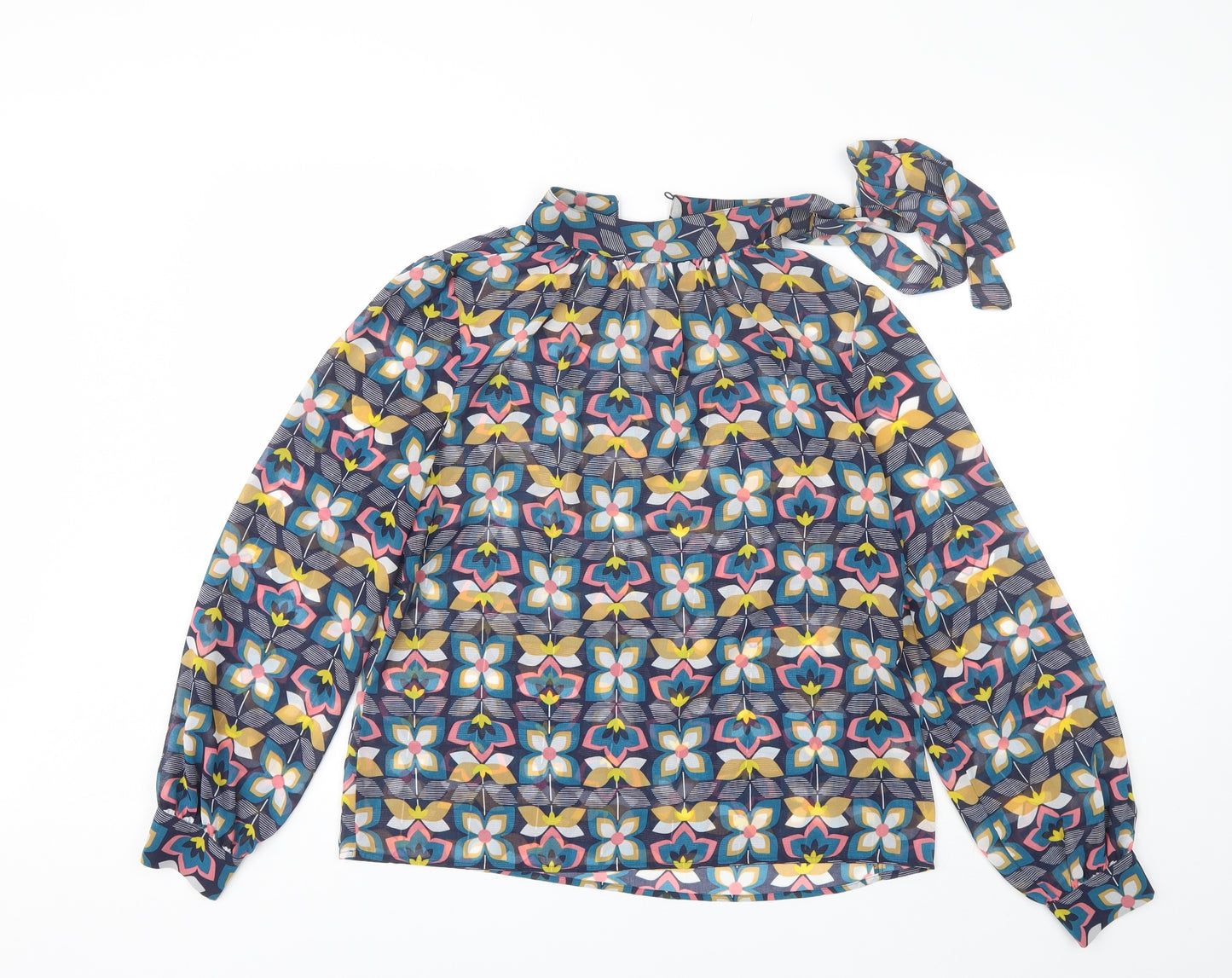 TU Womens Blue Floral Polyester Basic Blouse Size 12 High Neck