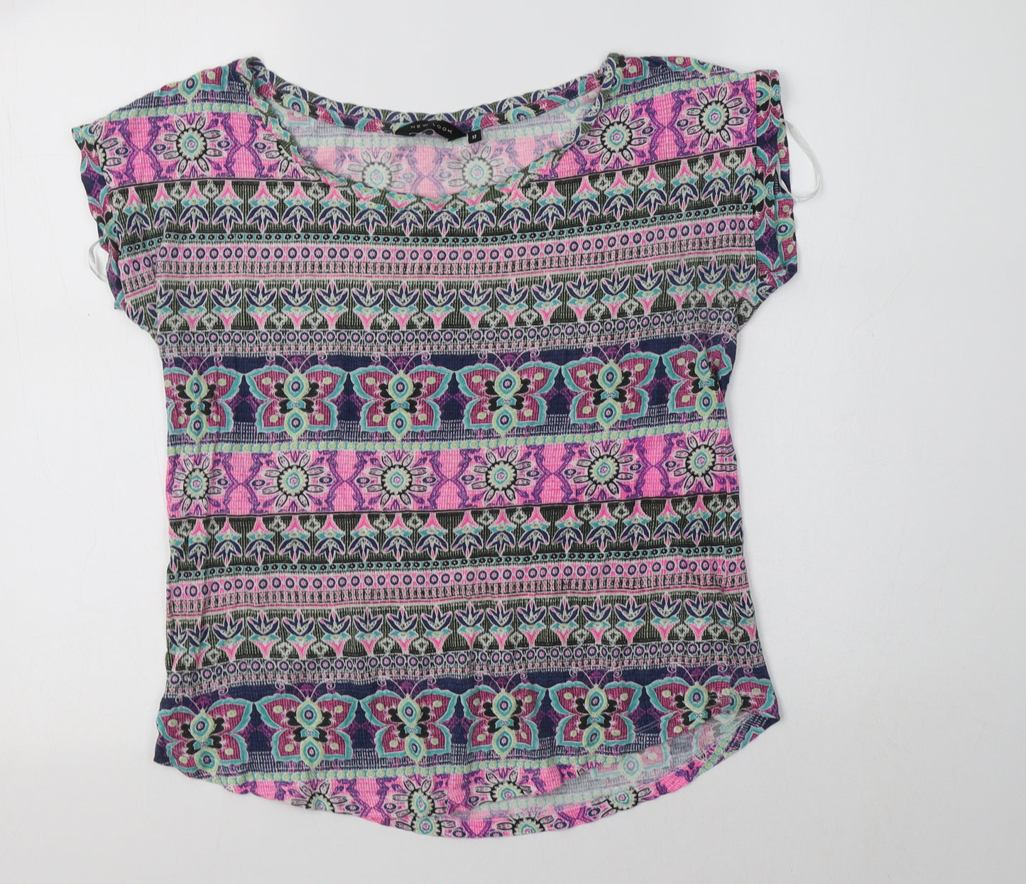 New Look Womens Multicoloured Geometric Cotton Basic Blouse Size 12 Round Neck