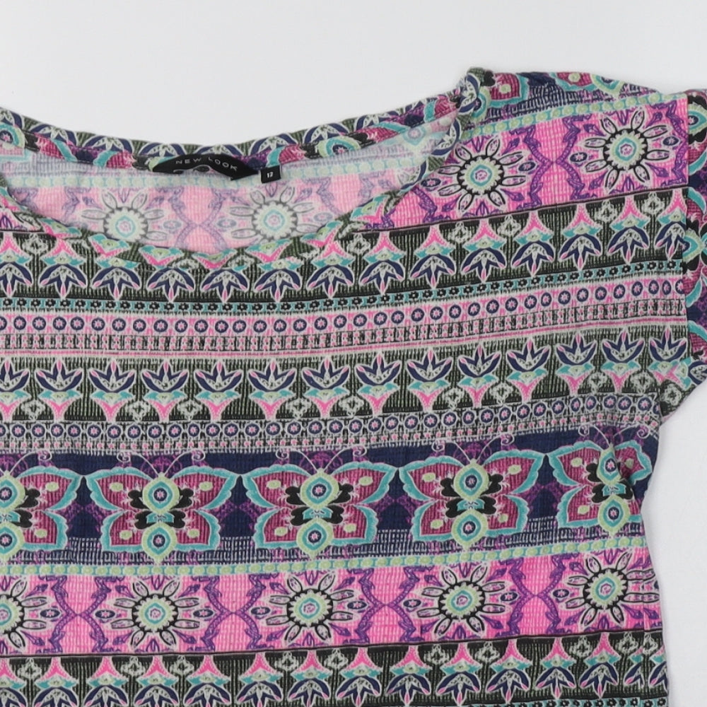 New Look Womens Multicoloured Geometric Cotton Basic Blouse Size 12 Round Neck
