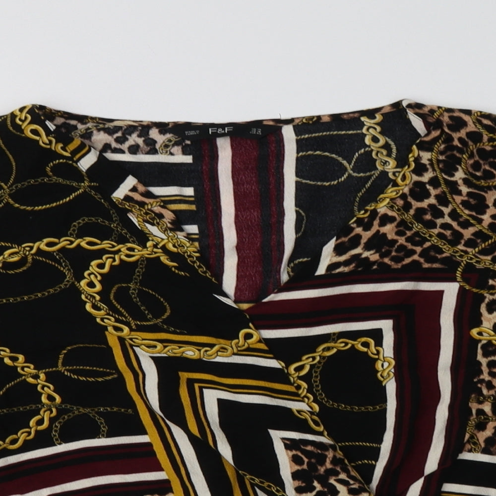 F&F Womens Black Animal Print Viscose Basic Blouse Size 14 V-Neck