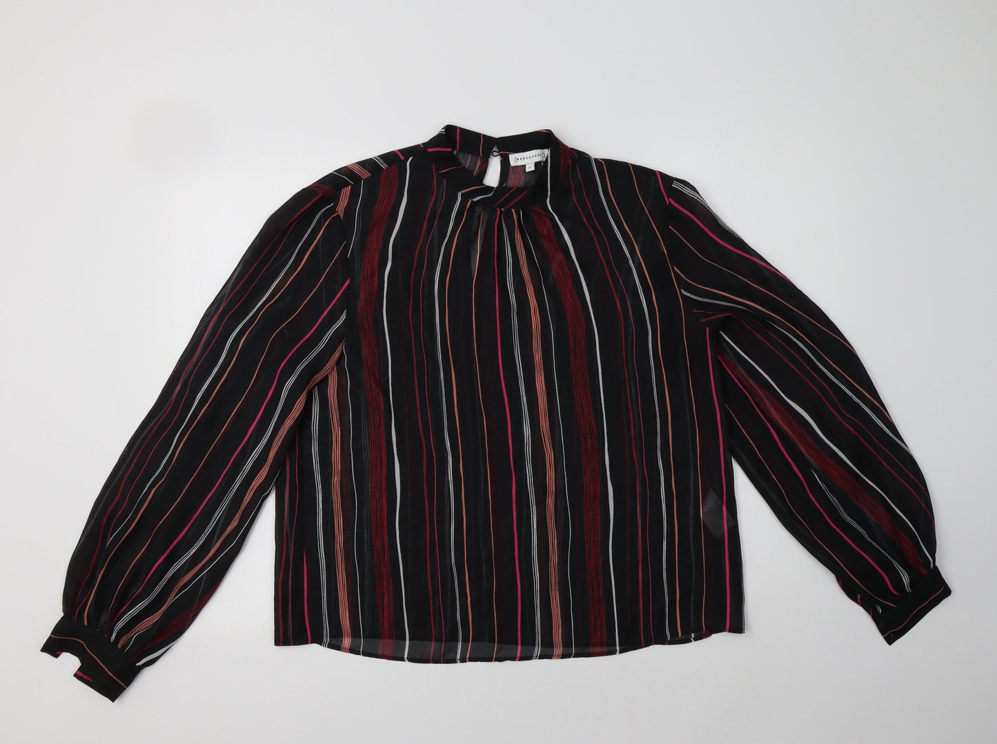 Warehouse Womens Black Striped Polyester Basic Blouse Size 14 Mock Neck
