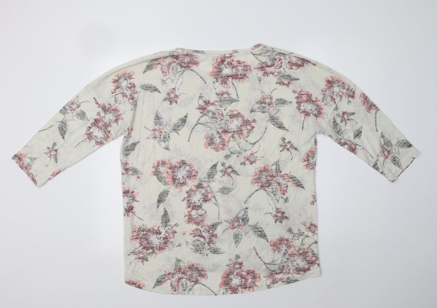 Peacocs Womens Ivory Floral Viscose Basic Blouse Size L Crew Neck
