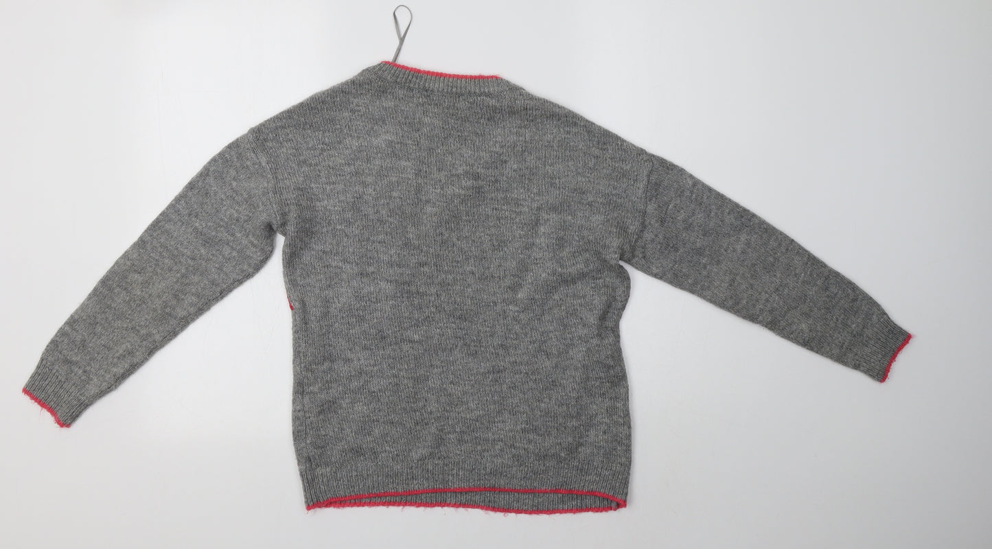 Primark Womens Grey V-Neck Floral Acrylic Pullover Jumper Size XS