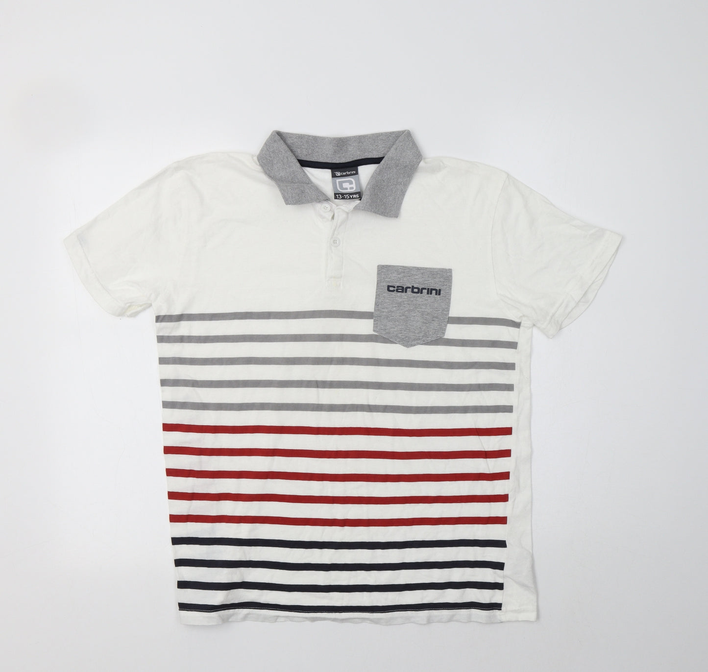 Carbrini Boys White Striped Cotton Basic Polo Size 13-14 Years Collared