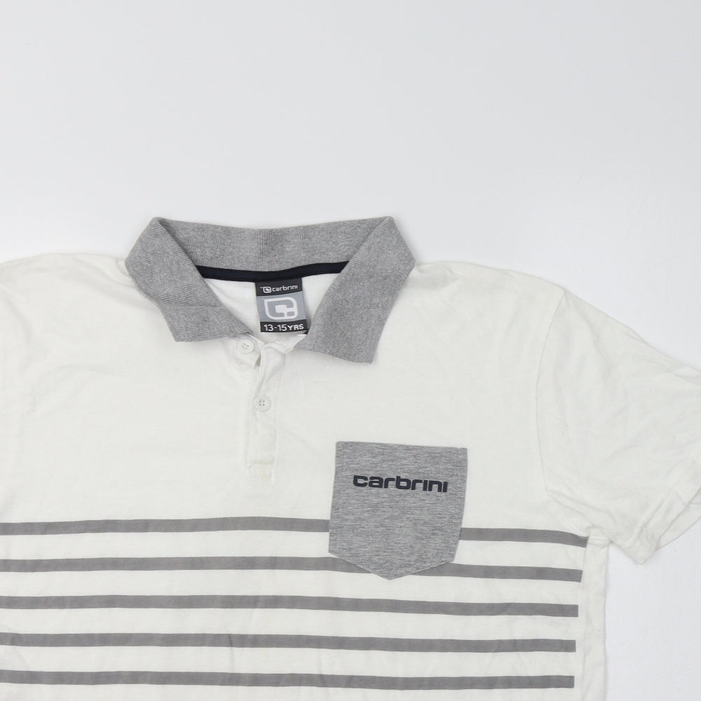 Carbrini Boys White Striped Cotton Basic Polo Size 13-14 Years Collared