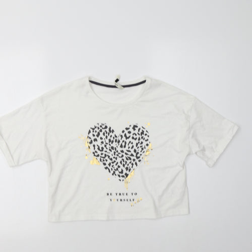 George Girls White Animal Print Cotton Basic T-Shirt Size 11-12 Years Crew Neck  - Heart