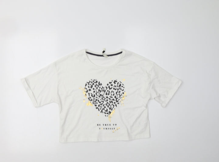 George Girls White Animal Print Cotton Basic T-Shirt Size 11-12 Years Crew Neck  - Heart