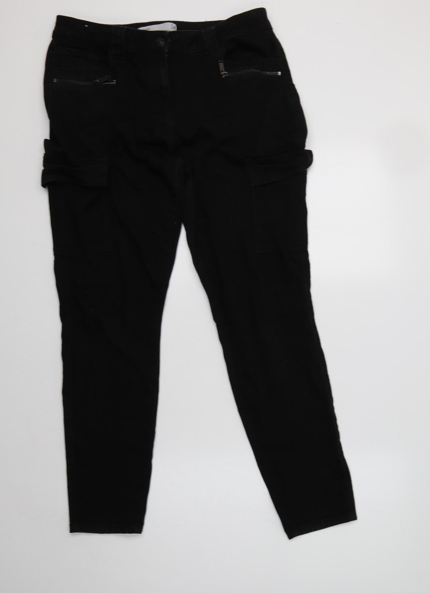 NEXT Womens Black  Cotton Cargo Trousers Size 14 L28 in Regular