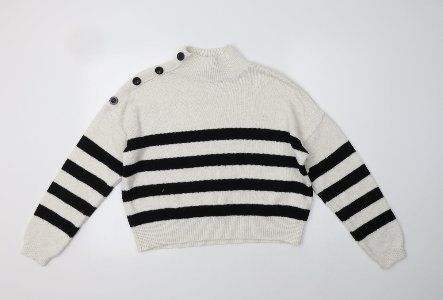 Primark Womens White Mock Neck Striped Acrylic Pullover Jumper Size S