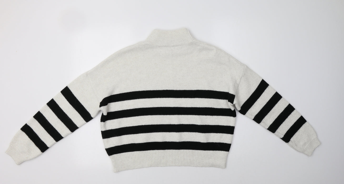 Primark Womens White Mock Neck Striped Acrylic Pullover Jumper Size S