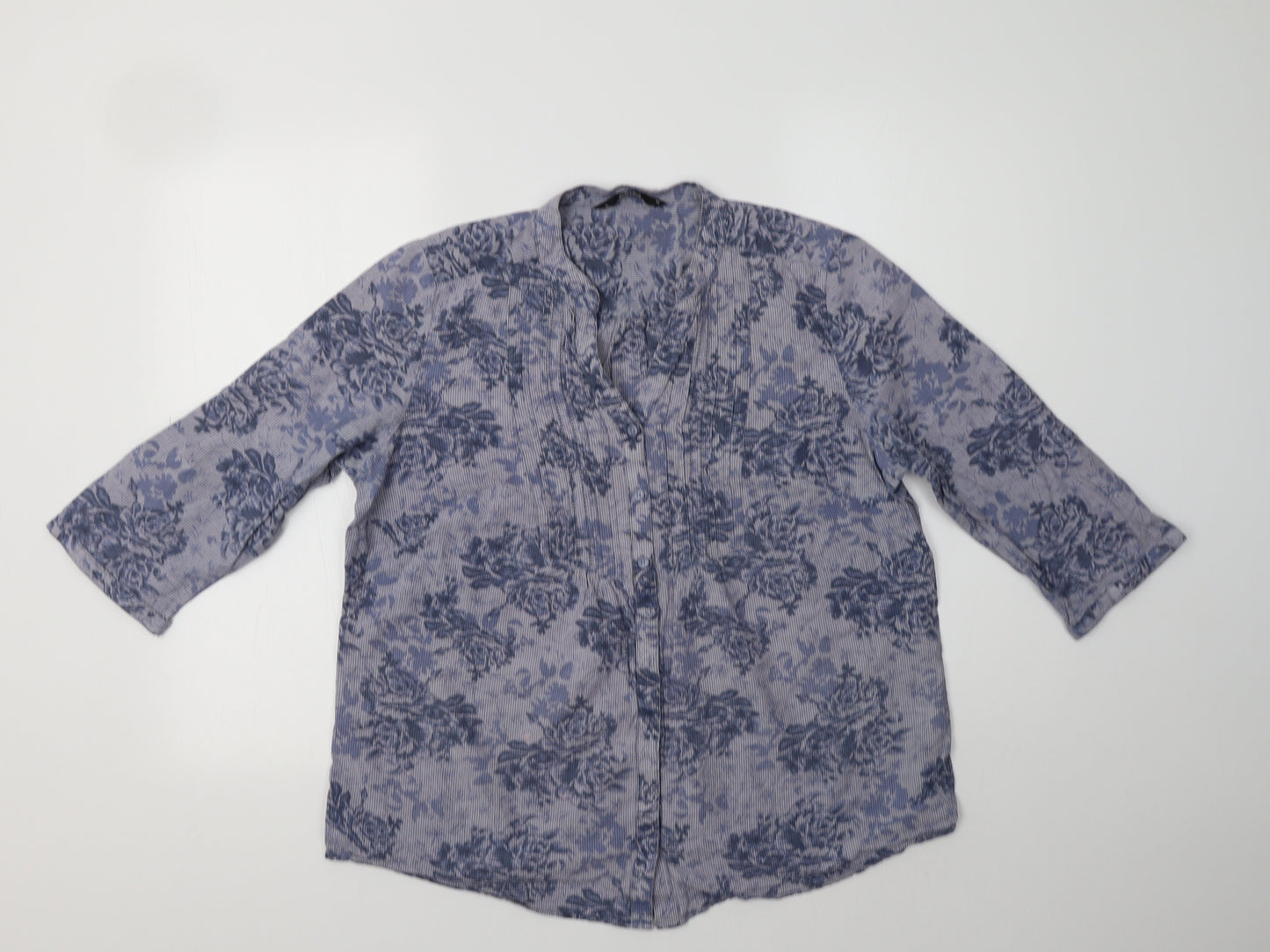 Bonmarché Womens Blue Floral Cotton Basic Button-Up Size 16 Collared