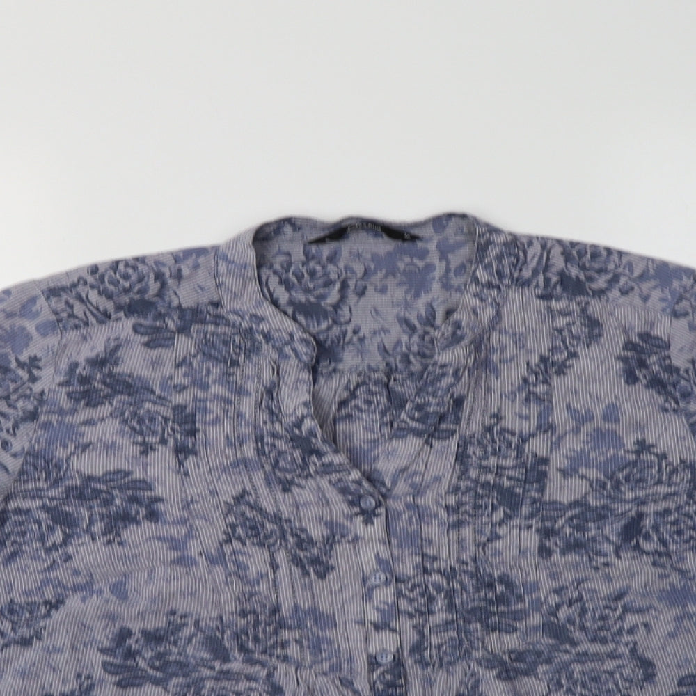 Bonmarché Womens Blue Floral Cotton Basic Button-Up Size 16 Collared