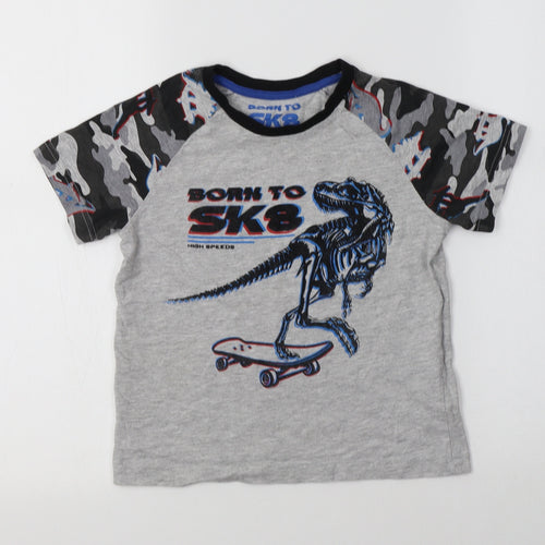 Matalan Boys Grey Camouflage Cotton Basic T-Shirt Size 7 Years Crew Neck  - Dino