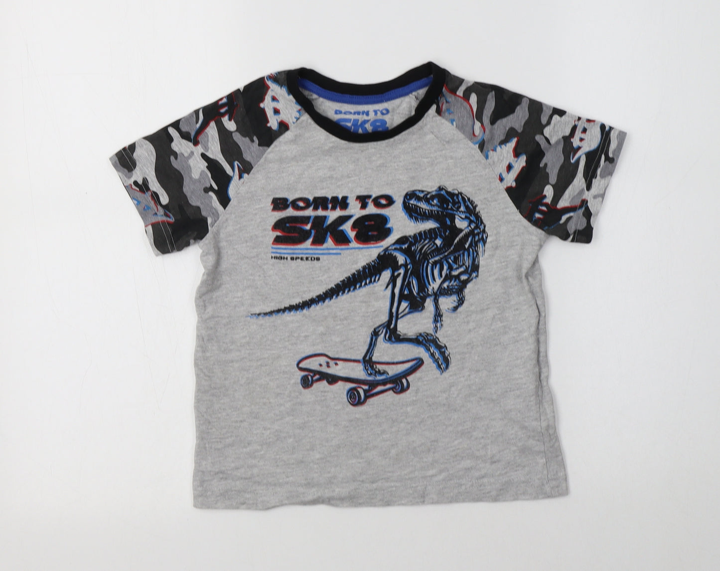 Matalan Boys Grey Camouflage Cotton Basic T-Shirt Size 7 Years Crew Neck  - Dino