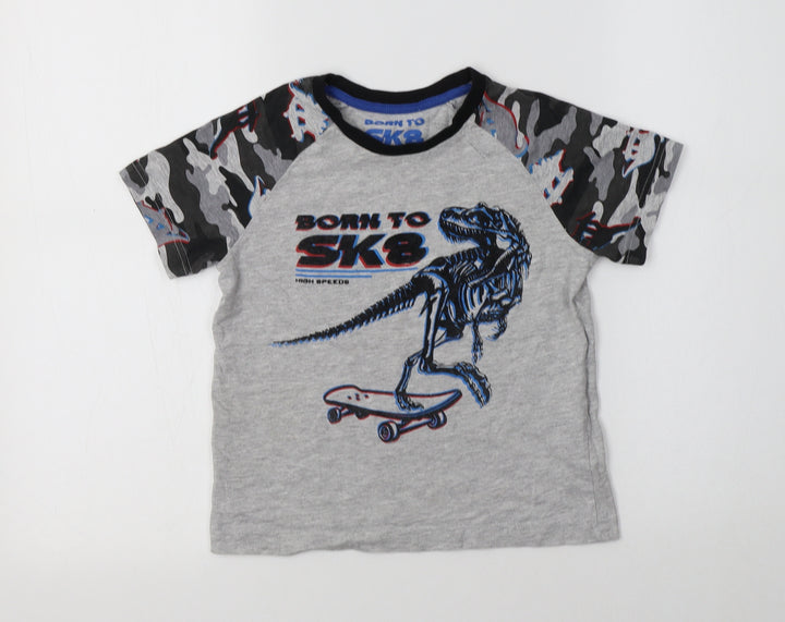 Matalan Boys Grey Camouflage Cotton Basic T-Shirt Size 7 Years Crew Neck  - Dino