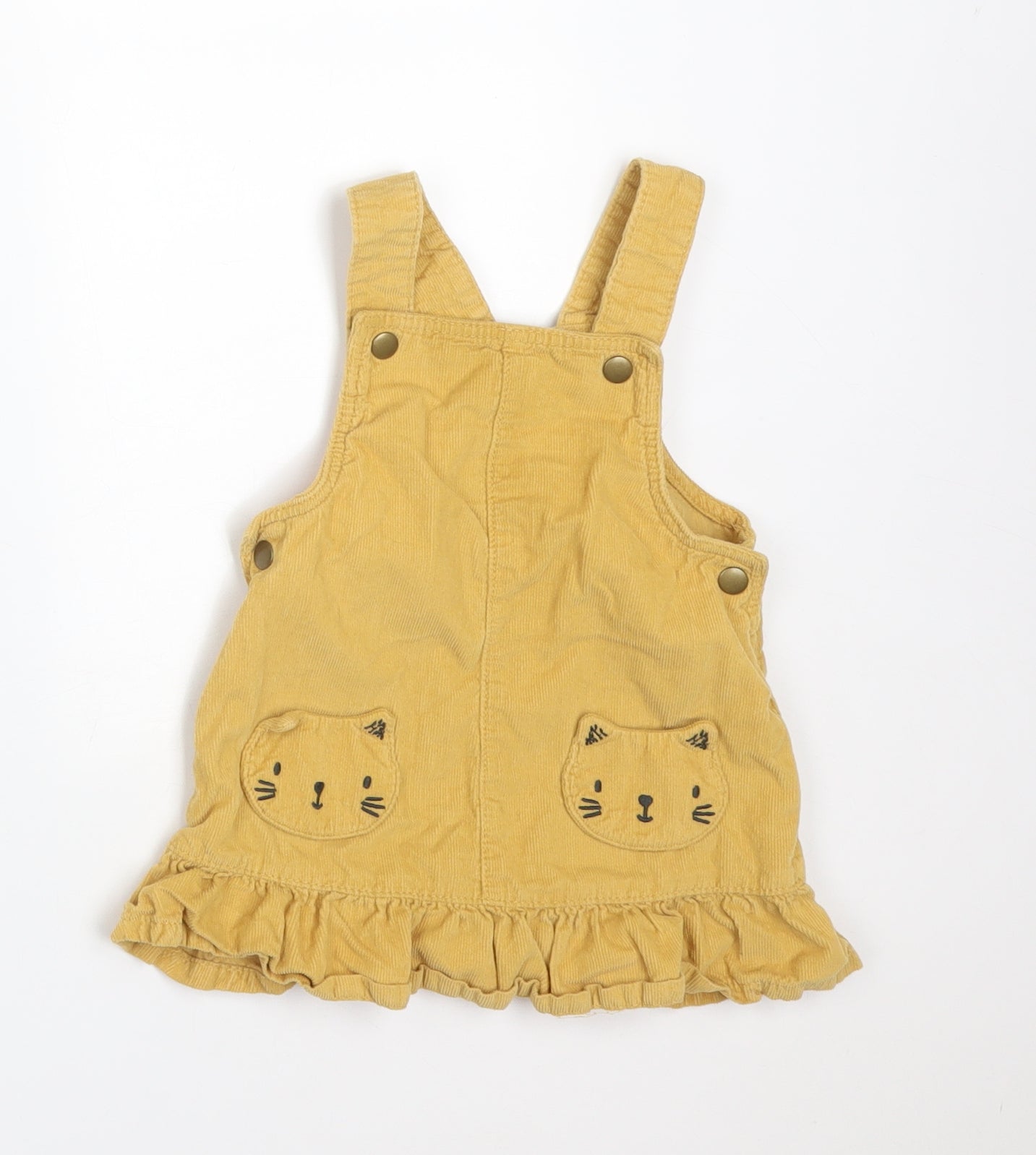 FRED&FLO Girls Yellow  Cotton Pinafore/Dungaree Dress  Size 6-9 Months  Square Neck  - CATS