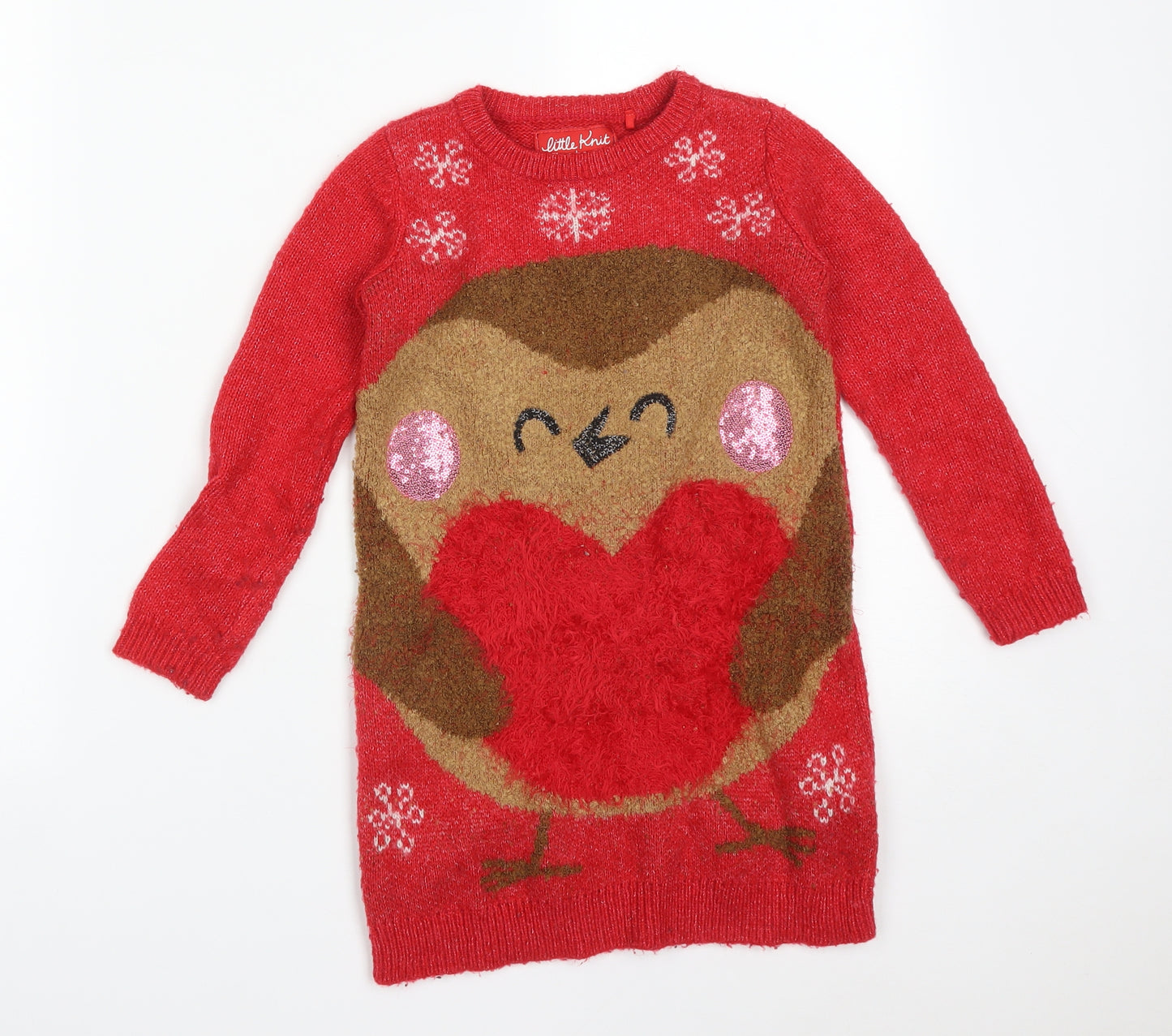 TU Girls Red  Acrylic Pullover Sweatshirt Size 5 Years   - Robin Christmas