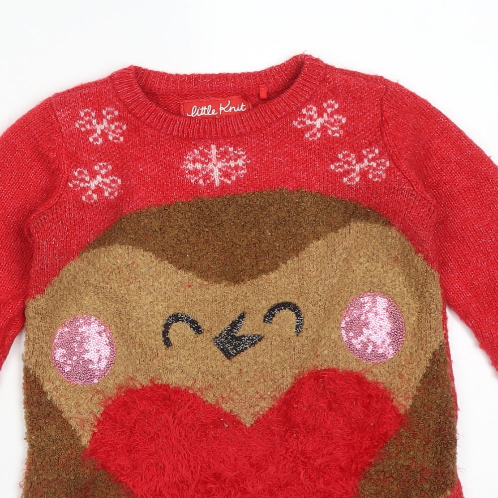 TU Girls Red  Acrylic Pullover Sweatshirt Size 5 Years   - Robin Christmas