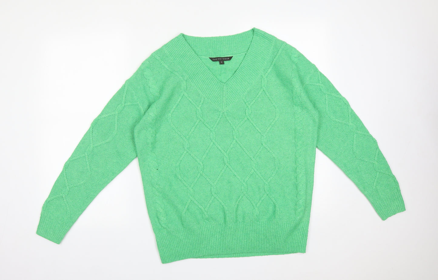 BONMARCHE Womens Green Argyle/Diamond Polyester Basic T-Shirt Size 12 V-Neck