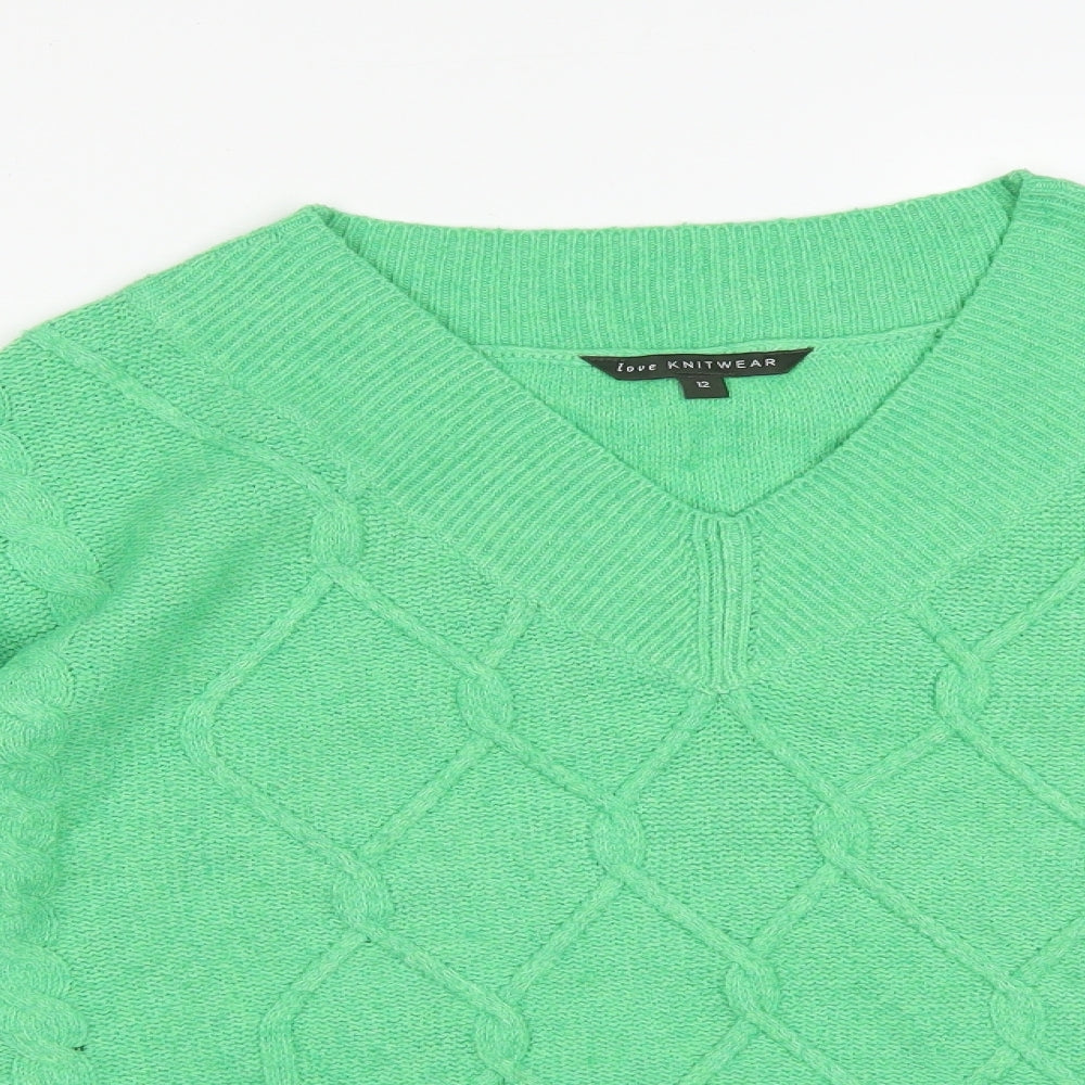 BONMARCHE Womens Green Argyle/Diamond Polyester Basic T-Shirt Size 12 V-Neck
