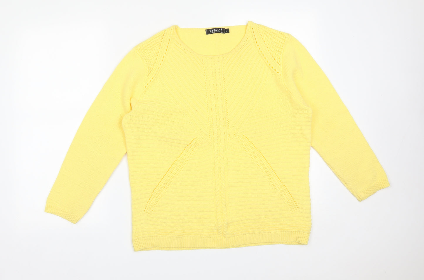 Envy Womens Yellow Striped Acrylic Basic T-Shirt Size L Round Neck