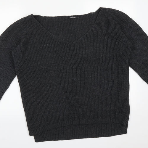 Boohoo Womens Grey V-Neck  Acrylic Pullover Jumper Size L