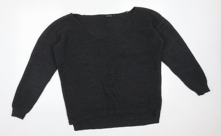 Boohoo Womens Grey V-Neck  Acrylic Pullover Jumper Size L