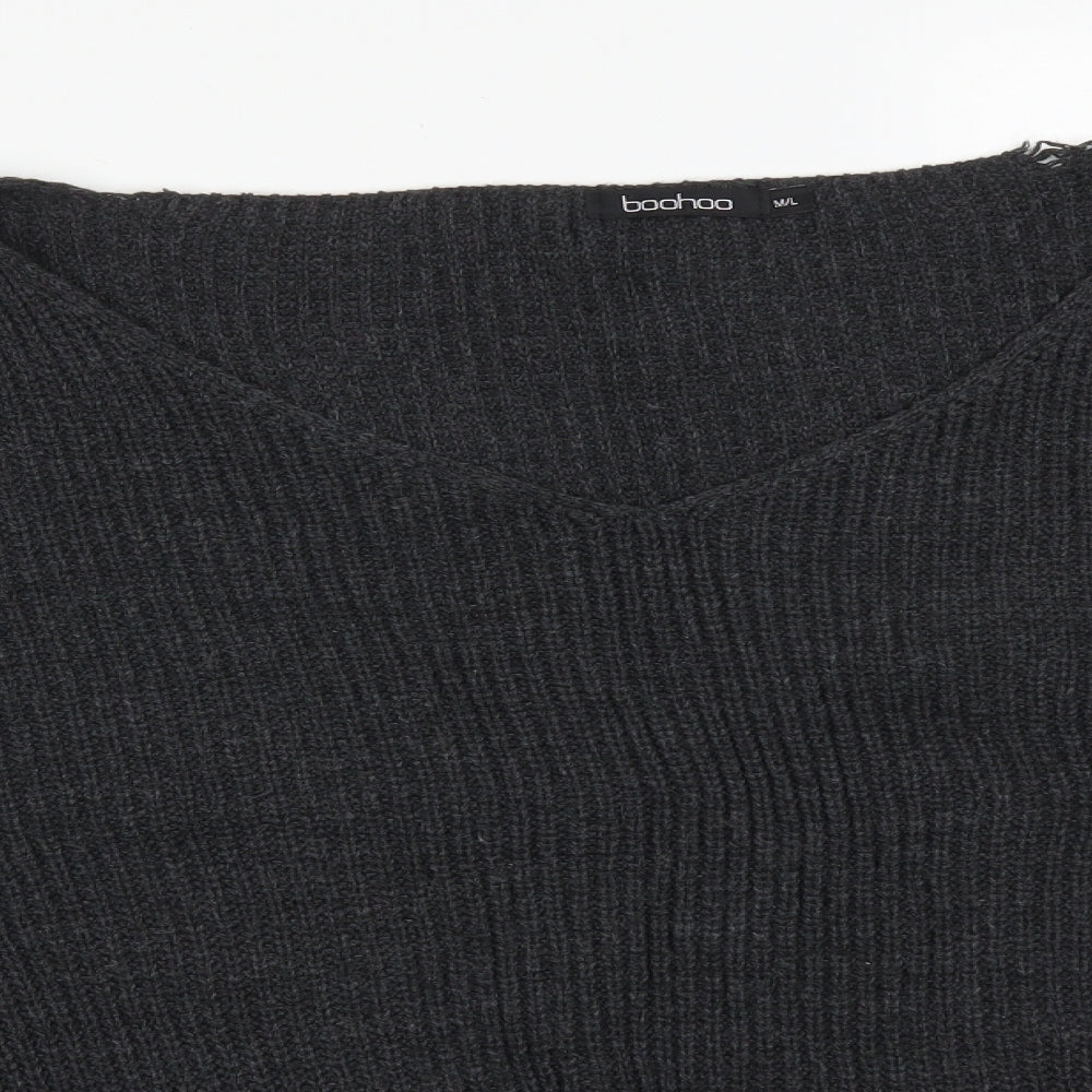 Boohoo Womens Grey V-Neck  Acrylic Pullover Jumper Size L